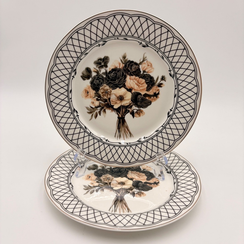 Grace Teaware Fine Porcelain Dessert Plates Black Floral Lattice Set of 2 Gothic